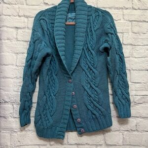 VTG Silk Club Chunky Cable Knit Cardigan Sweater Teal Size S Coastal Grandma